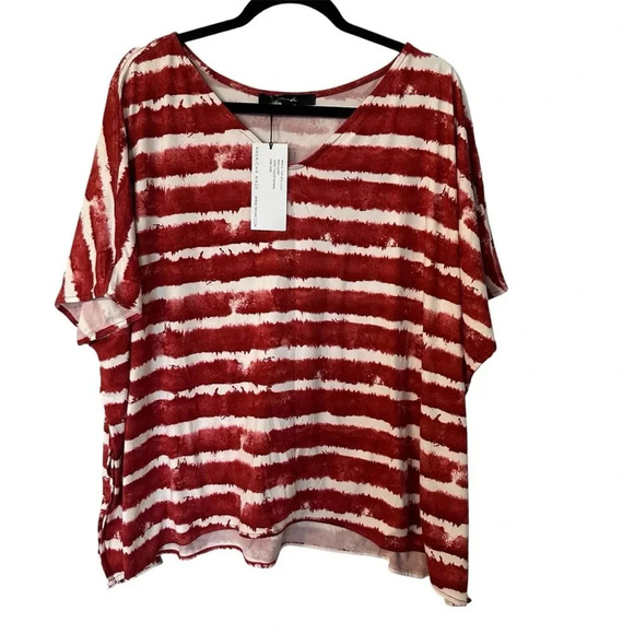Yana K Women’s Short Sleeve V-Neck Red and Ivory Striped Apple Top One Size NWT - Picture 1 of 6